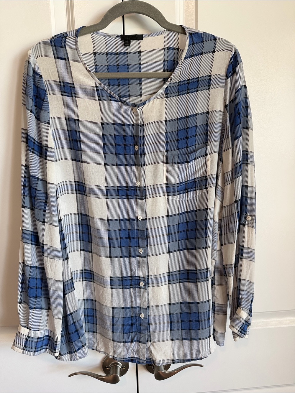 ATM Silk Chiffon Plaid Button-Up Shirt in Blue and White